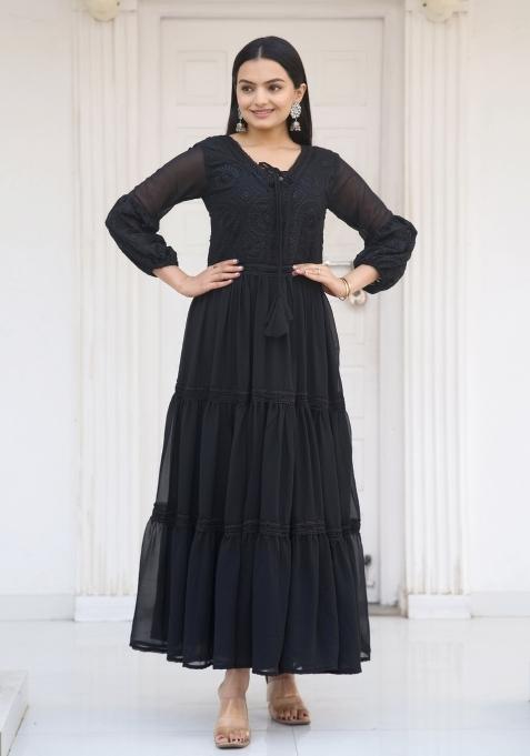 Black Georgette Embroidered Anarkali Set With Dupatta