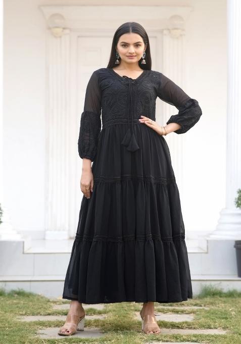 Black Georgette Embroidered Anarkali Set With Dupatta