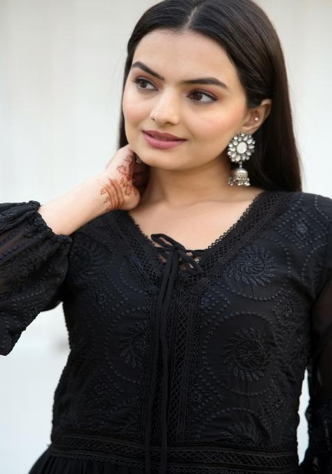 Black Georgette Embroidered Anarkali Set With Dupatta