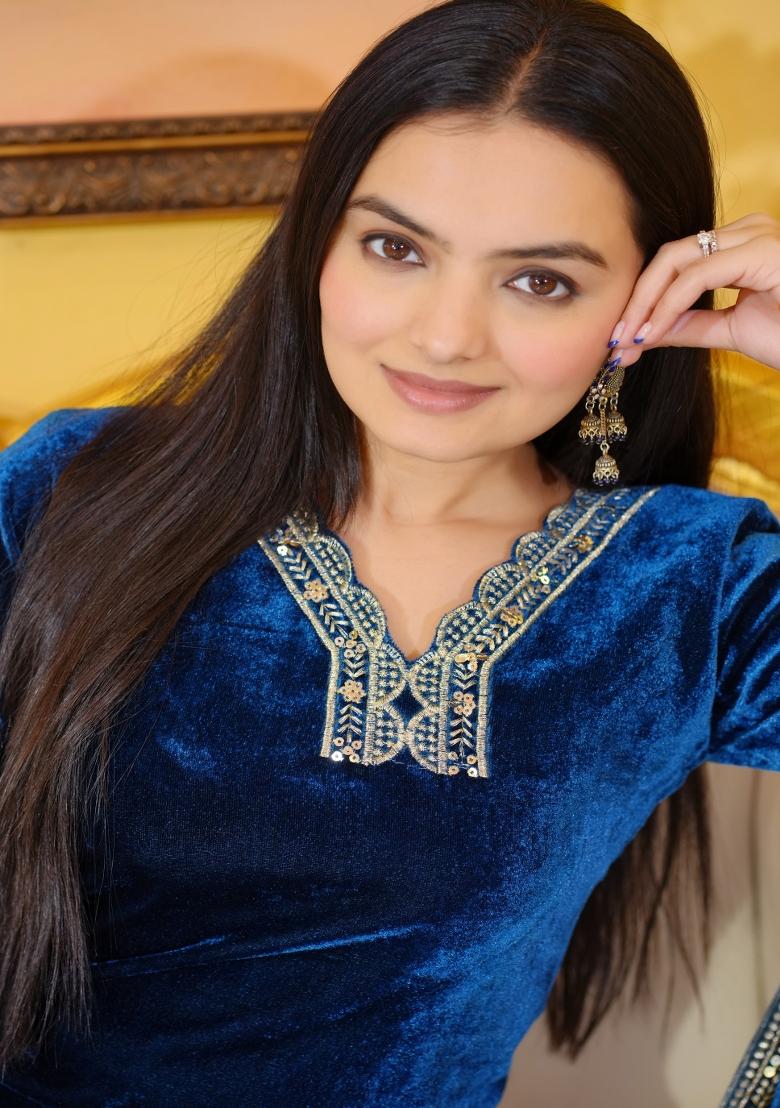 Royal Blue Velvet Sequin Embroidered Salwar Kameez With Dupptta