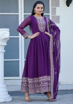Wine Georgette Sequin Embroidered Salwar Kameez With Dupptta