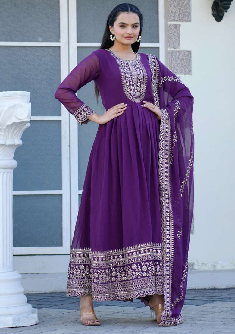 Wine Georgette Sequin Embroidered Salwar Kameez With Dupptta - Indya