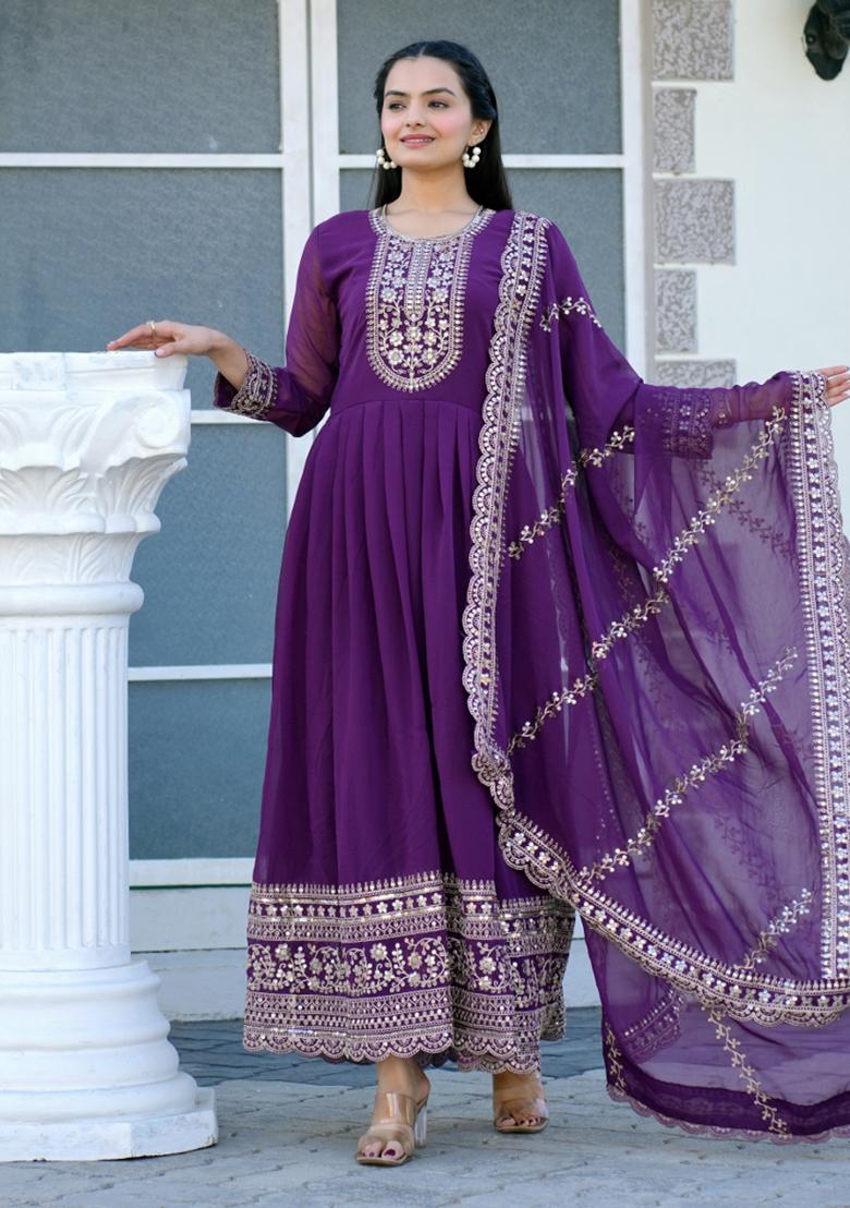 Wine Georgette Sequin Embroidered Salwar Kameez With Dupptta