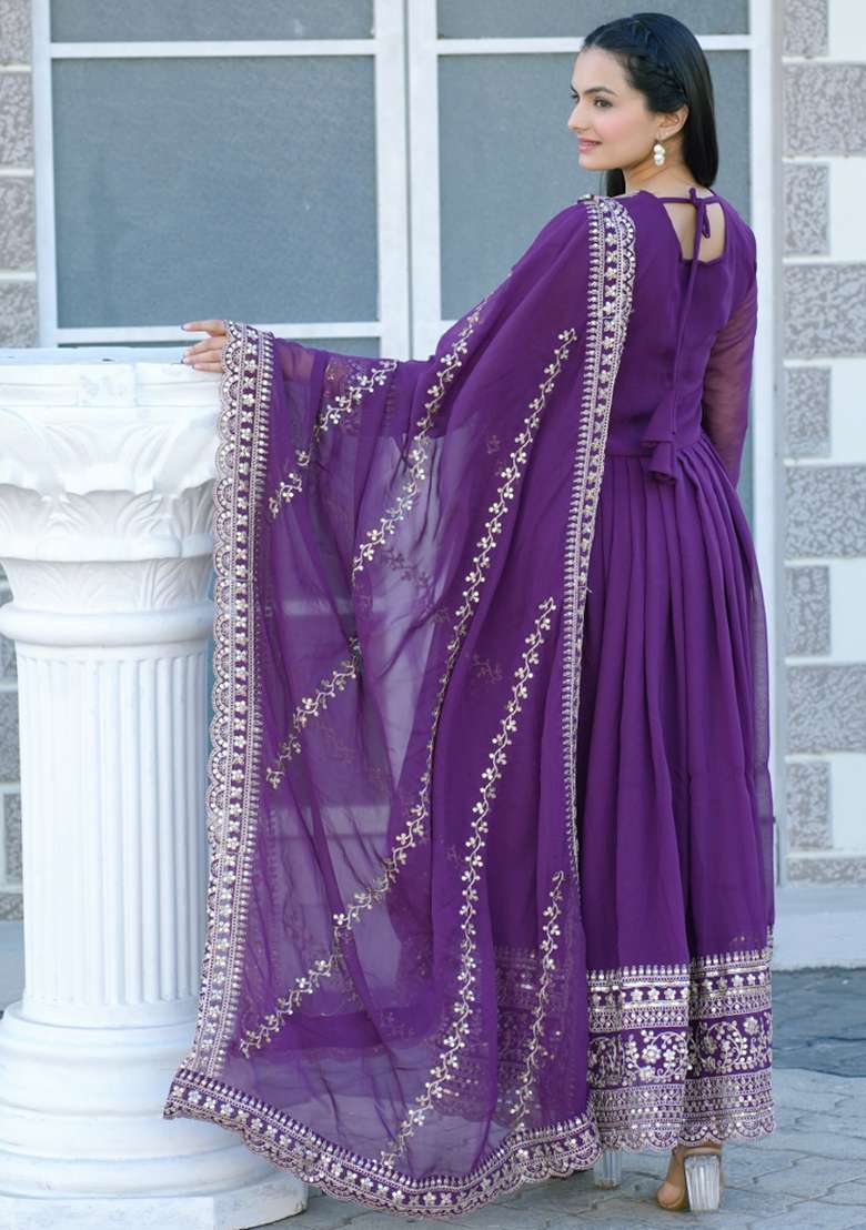 Wine Georgette Sequin Embroidered Salwar Kameez With Dupptta - Indya