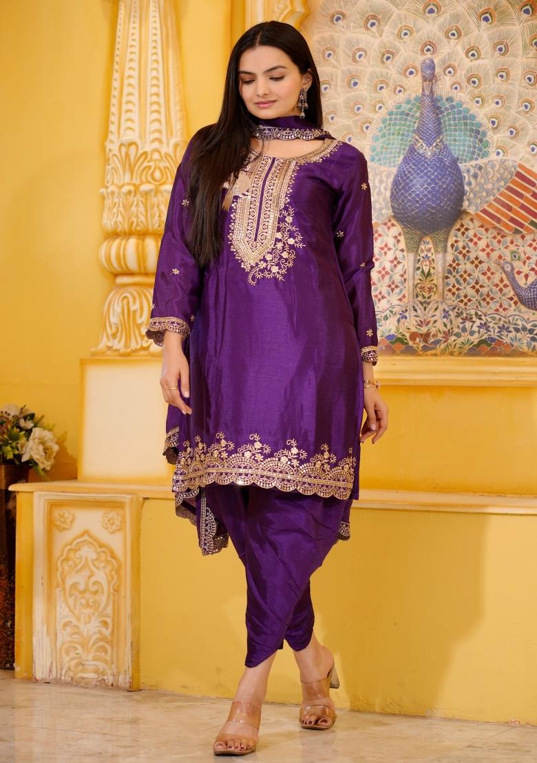 Wine Chinnon Sequin Embroidered Salwar Kameez With Dupptta