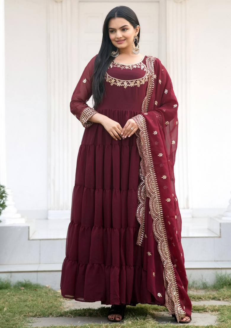 Maroon Georgette Sequin Embroidered Salwar Kameez With Dupptta