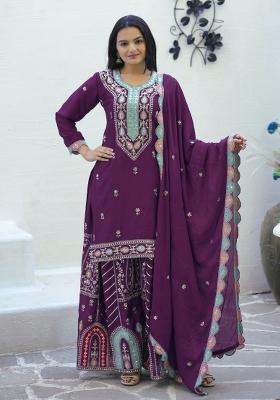 Purple Chinnon Sequin Embroidered Salwar Kameez With Dupptta