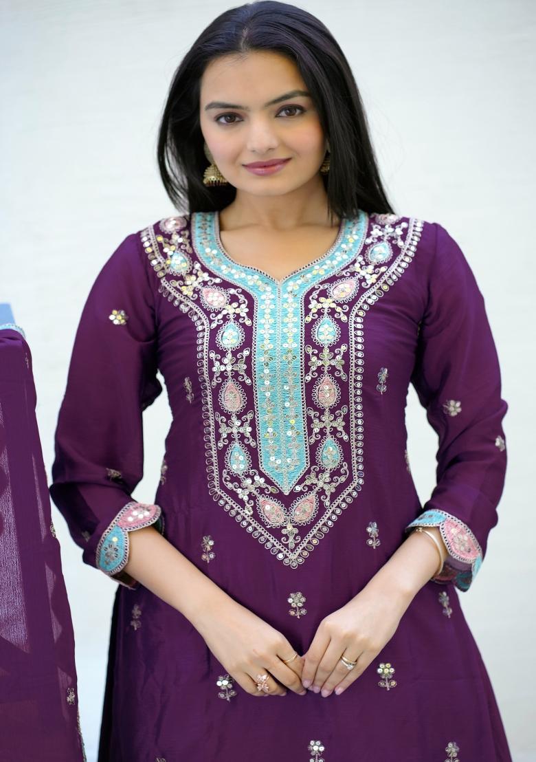 Purple Chinnon Sequin Embroidered Salwar Kameez With Dupptta