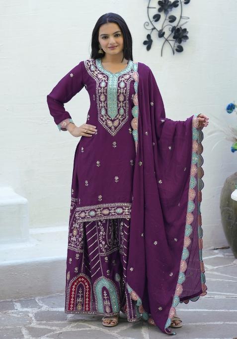 Purple Chinnon Sequin Embroidered Salwar Kameez With Dupptta