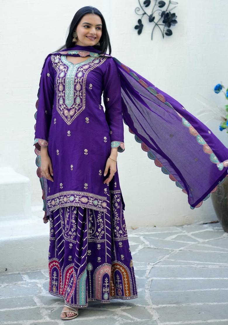 Royal Blue Chinnon Sequin Embroidered Salwar Kameez With Dupptta