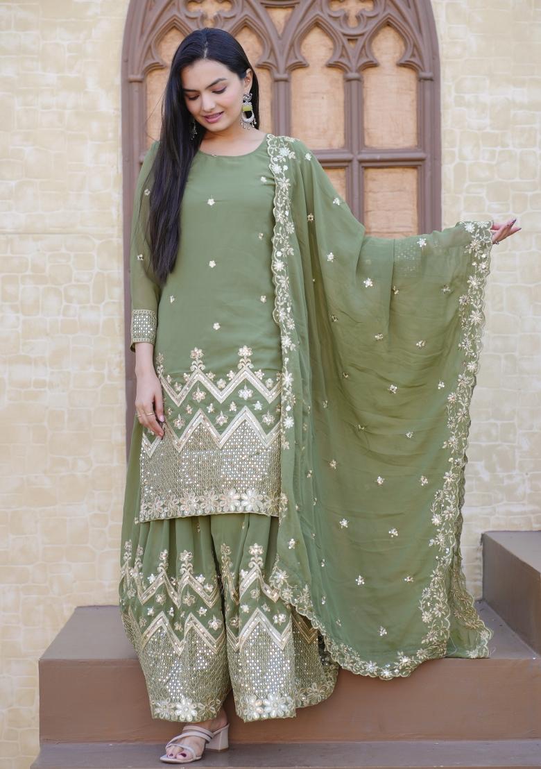Mint Green Georgette Sequin Embroidered Salwar Kameez With Dupptta