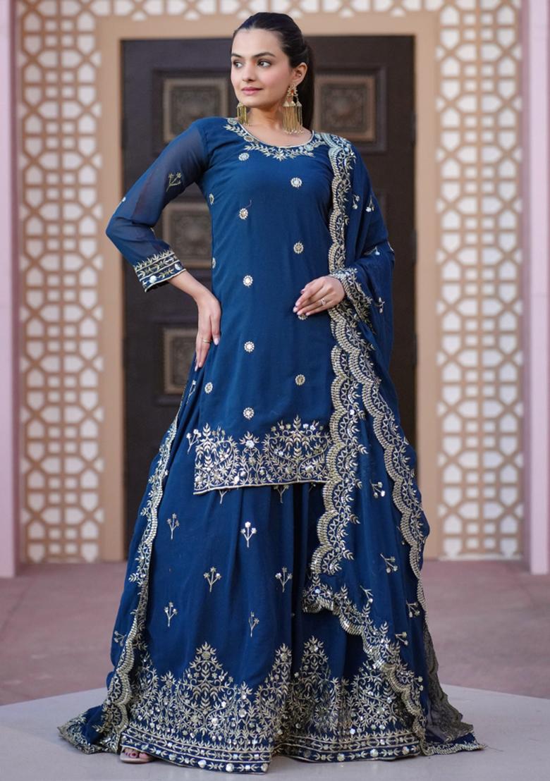 Royal Blue Georgette Sequin Embroidered Salwar Kameez With Dupptta