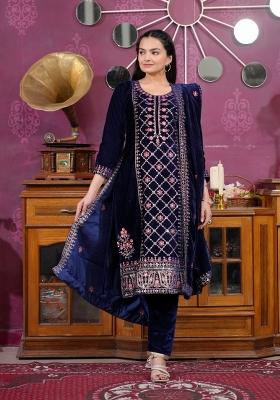 Navy Blue Viscose Sequin Embroidered Salwar Kameez With Dupptta