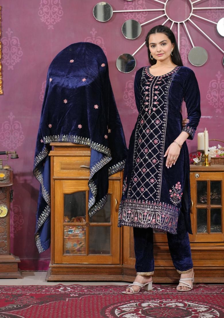 Navy Blue Viscose Sequin Embroidered Salwar Kameez With Dupptta