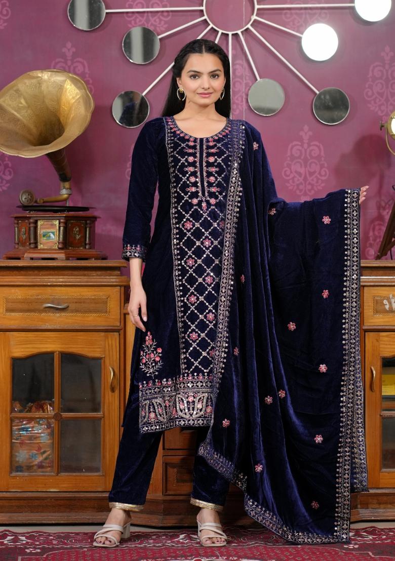 Navy Blue Viscose Sequin Embroidered Salwar Kameez With Dupptta