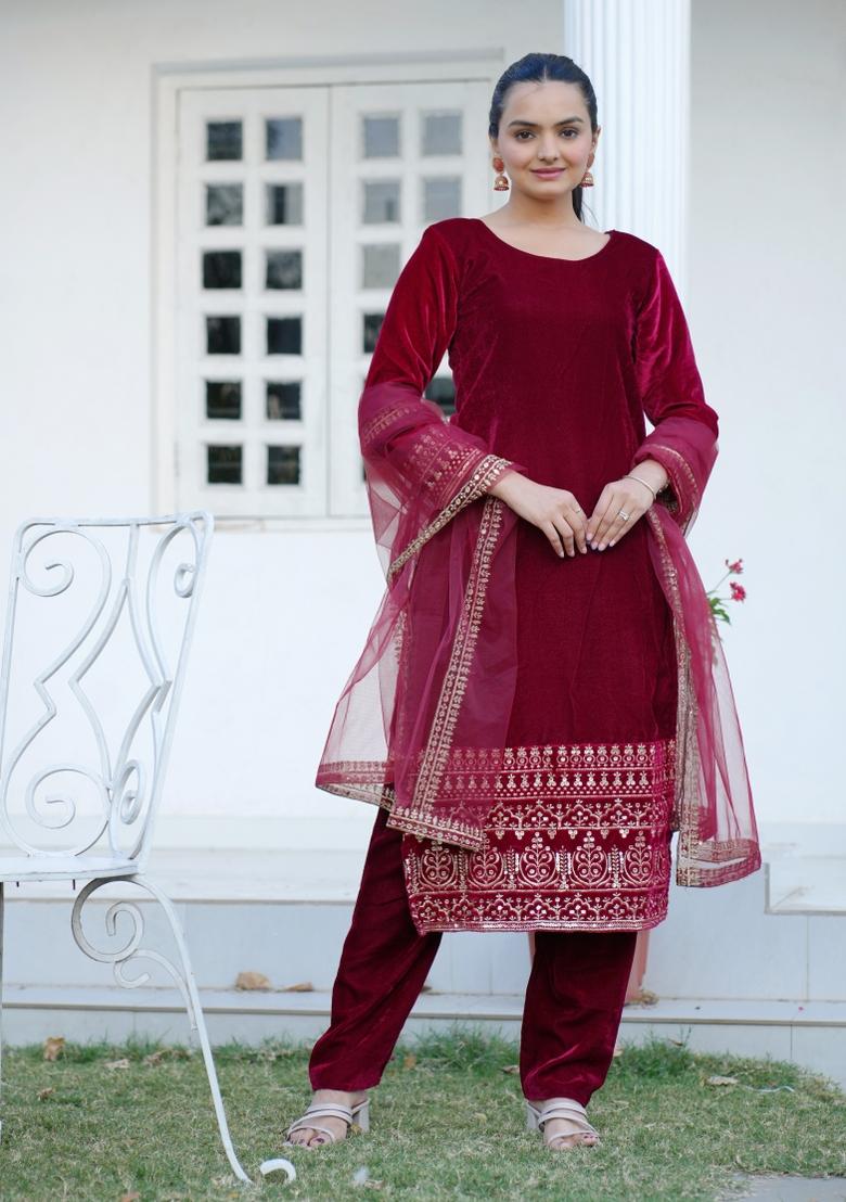 Red Viscose Sequin Embroidered Salwar Kameez With Dupptta