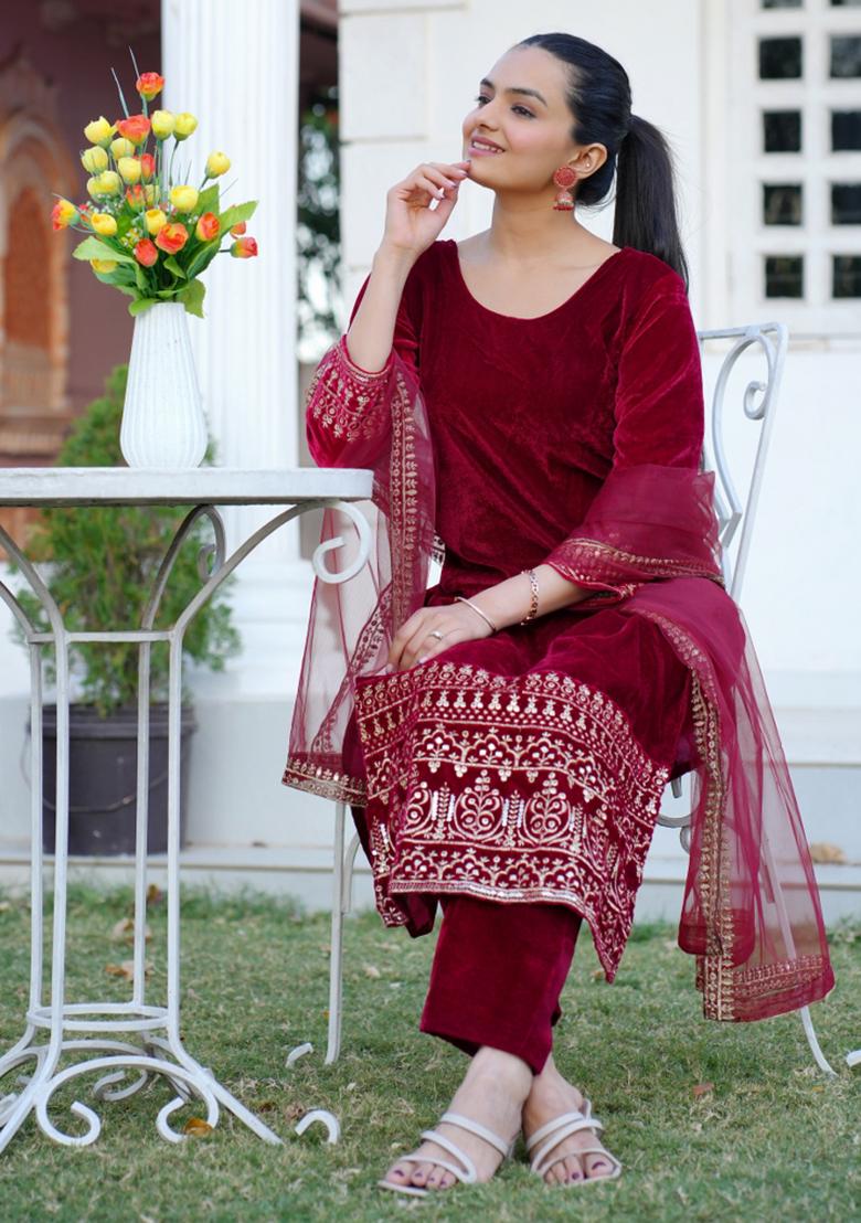 Red Viscose Sequin Embroidered Salwar Kameez With Dupptta