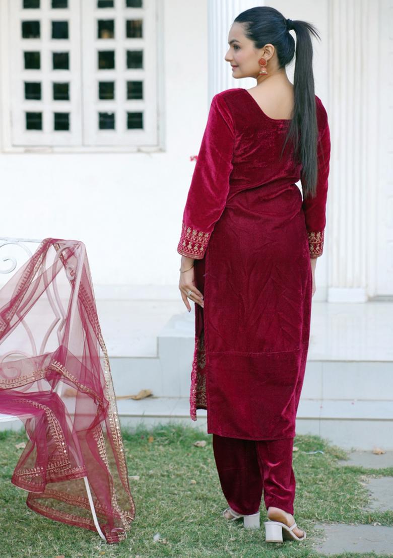 Red Viscose Sequin Embroidered Salwar Kameez With Dupptta