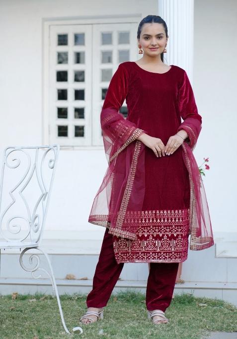 Red Viscose Sequin Embroidered Salwar Kameez With Dupptta