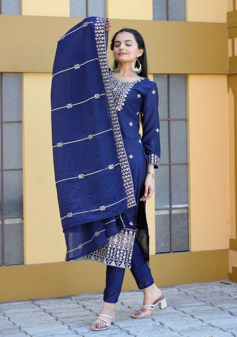 Navy Blue Embroidered Chinon Straight Kurta Set - Indya