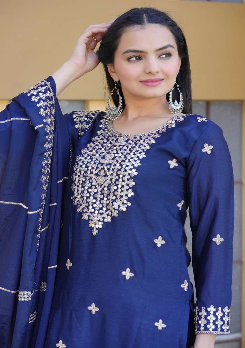 Navy Blue Embroidered Chinon Straight Kurta Set - Indya