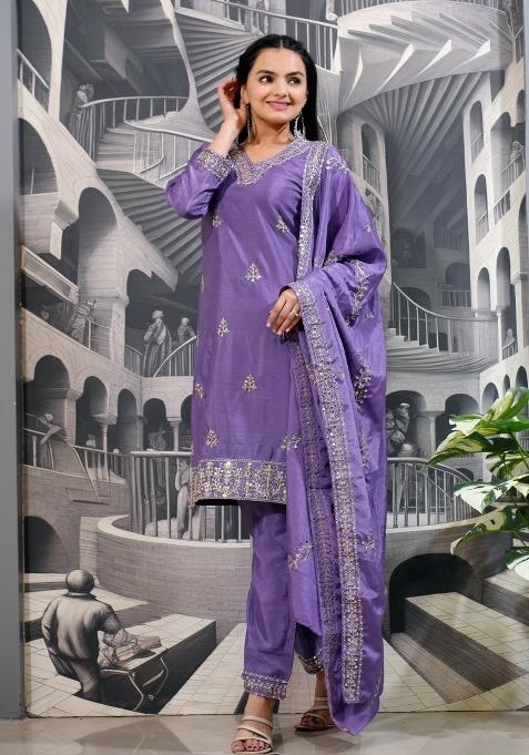 Lavender Chinnon Sequin Embroidered Salwar Kameez With Dupptta
