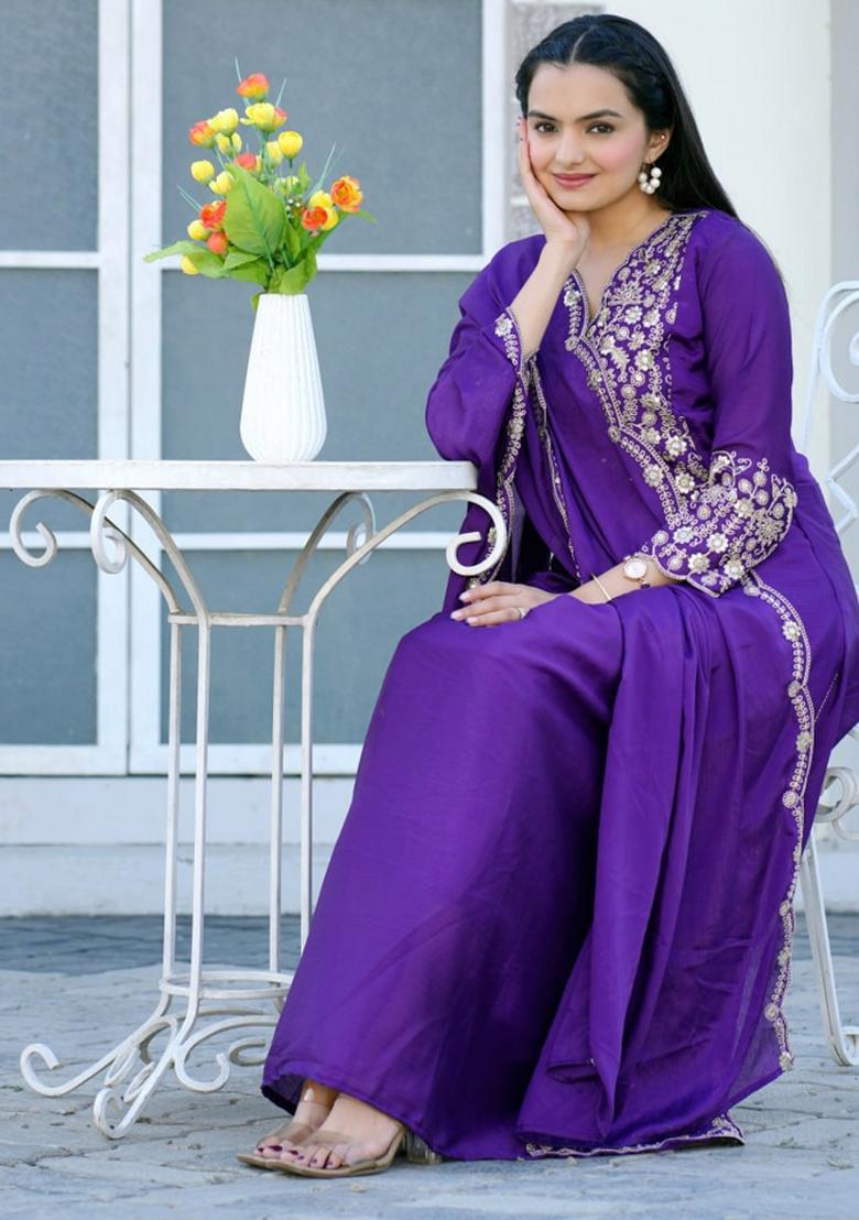 Purple Chinnon Sequin Embroidered Salwar Kameez With Dupptta