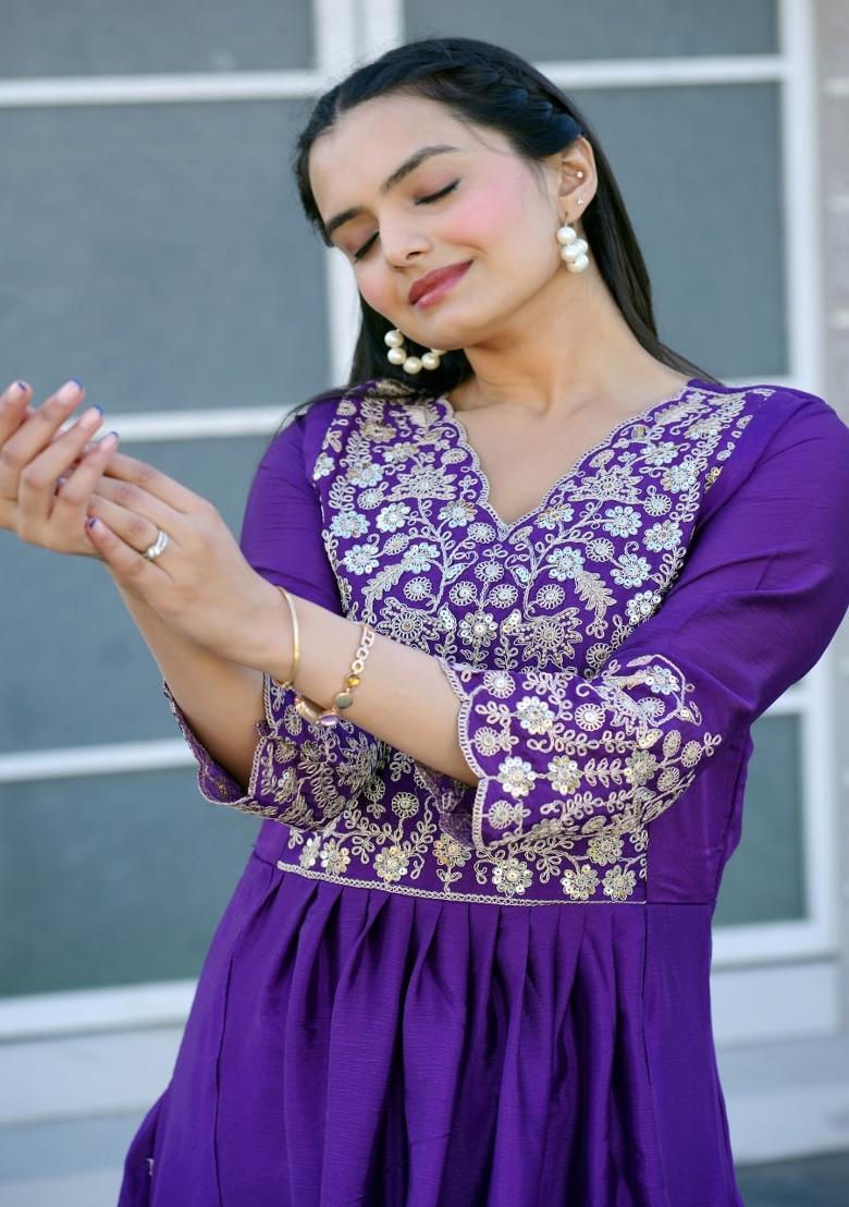 Purple Chinnon Sequin Embroidered Salwar Kameez With Dupptta