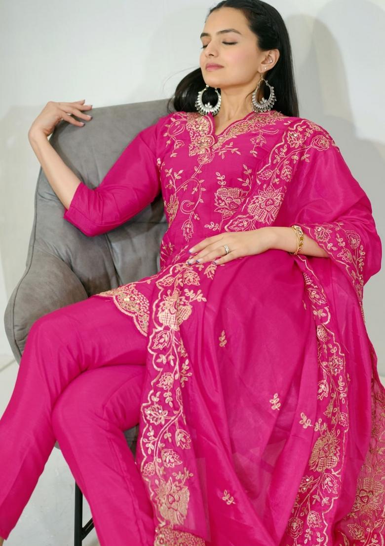 Pink Chinnon Sequin Embroidered Salwar Kameez With Dupptta