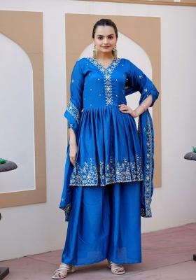 Blue Chinnon Sequin Embroidered Salwar Kameez With Dupptta