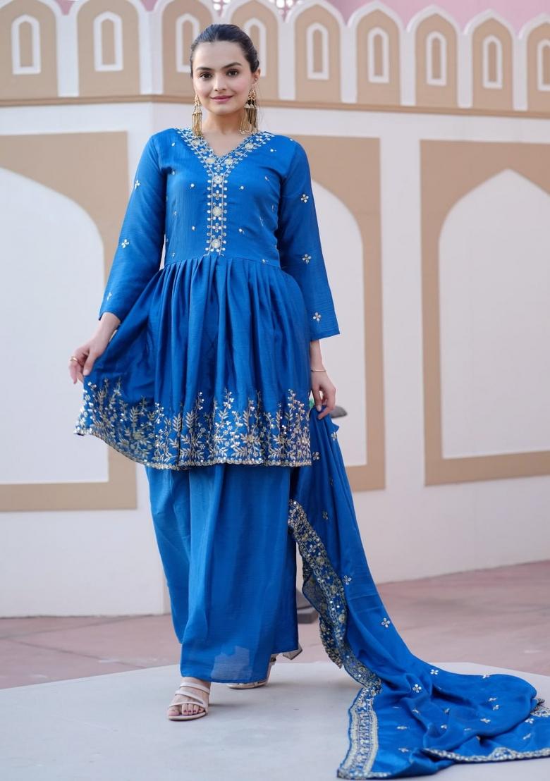 Blue Chinnon Sequin Embroidered Salwar Kameez With Dupptta