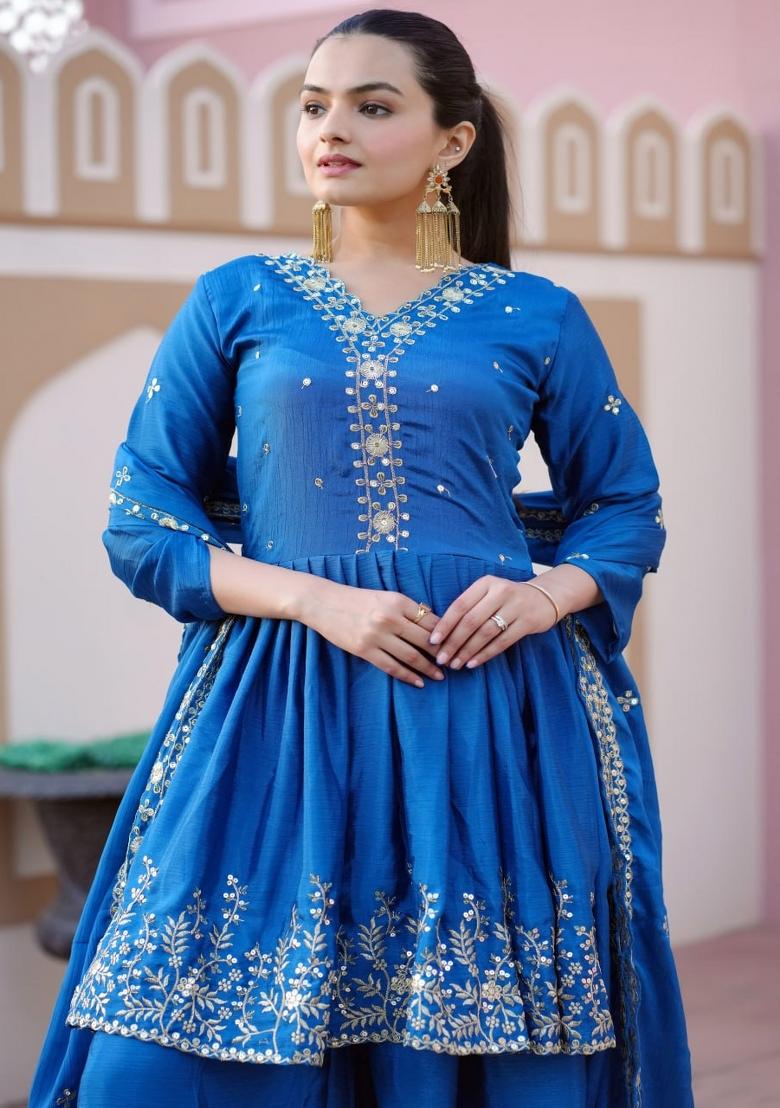 Blue Chinnon Sequin Embroidered Salwar Kameez With Dupptta