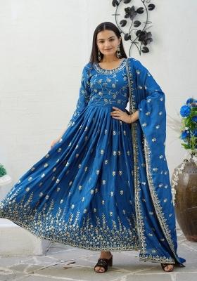 Blue Chinnon Sequin Embroidered Salwar Kameez With Dupptta