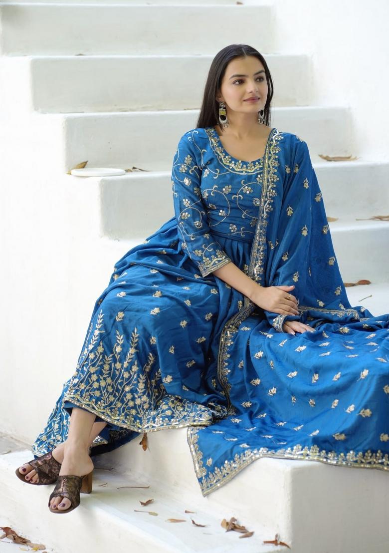 Blue Chinnon Sequin Embroidered Salwar Kameez With Dupptta
