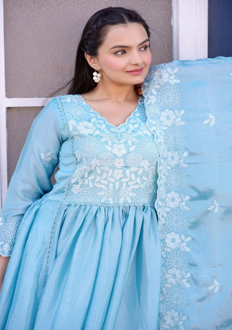 Sky Blue Chinnon Embroidered Salwar Kameez With Dupptta