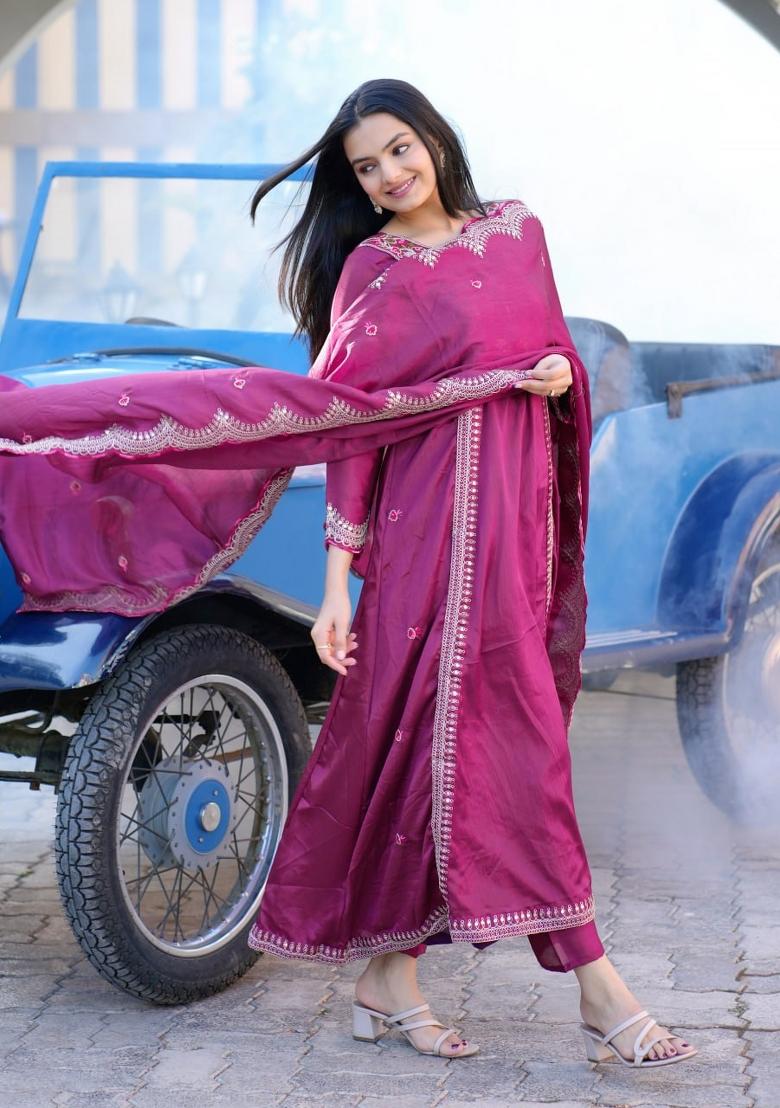 Pink Chinnon Sequin Embroidered Salwar Kameez With Dupptta