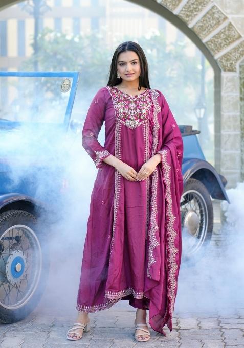 Pink Embroidered Chinon Pakistani Suit Set