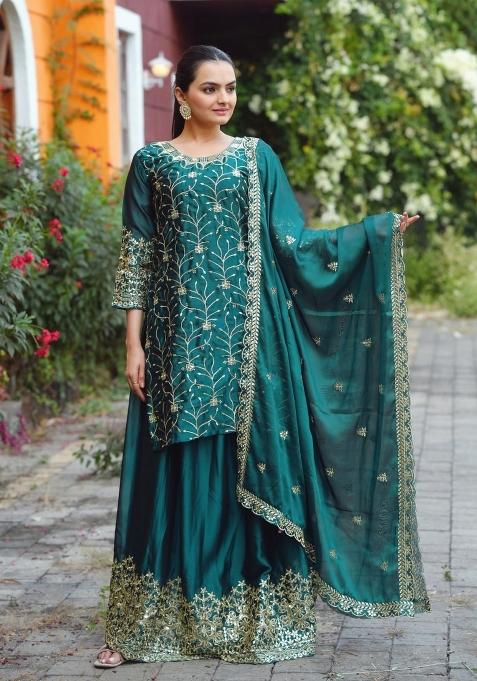 Light Green Silk Sequin Embroidered Salwar Kameez With Dupptta