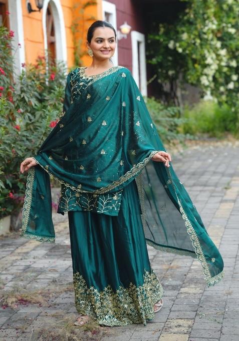 Light Green Silk Sequin Embroidered Salwar Kameez With Dupptta