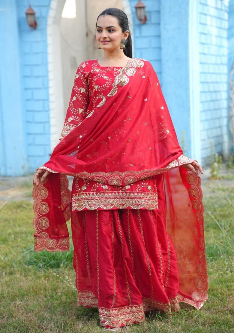 Red Silk Sequin Embroidered Salwar Kameez With Dupptta