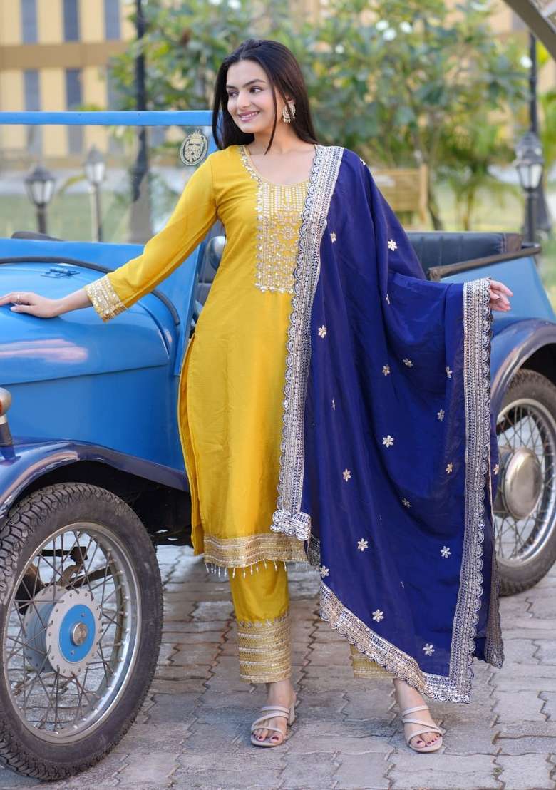 Yellow Embroidered Chinon Straight Kurta Set - Indya