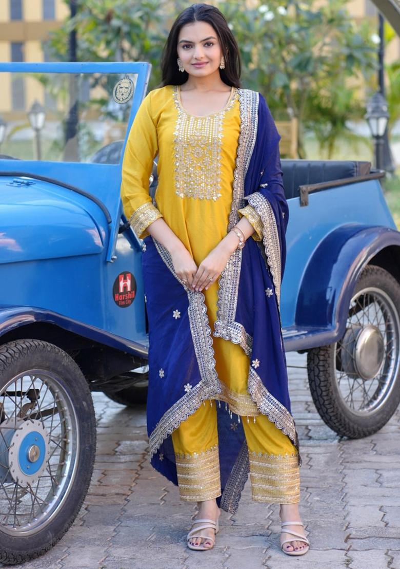Yellow Chinnon Sequin Embroidered Salwar Kameez With Dupptta