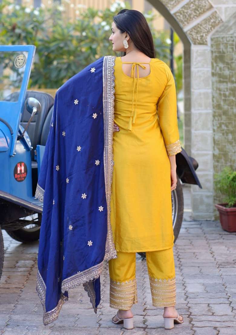 Yellow Embroidered Chinon Straight Kurta Set - Indya