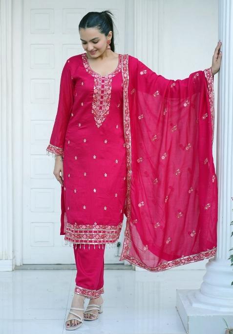 Pink Vichitra   Sequin Embroidered Salwar Kameez With Dupptta