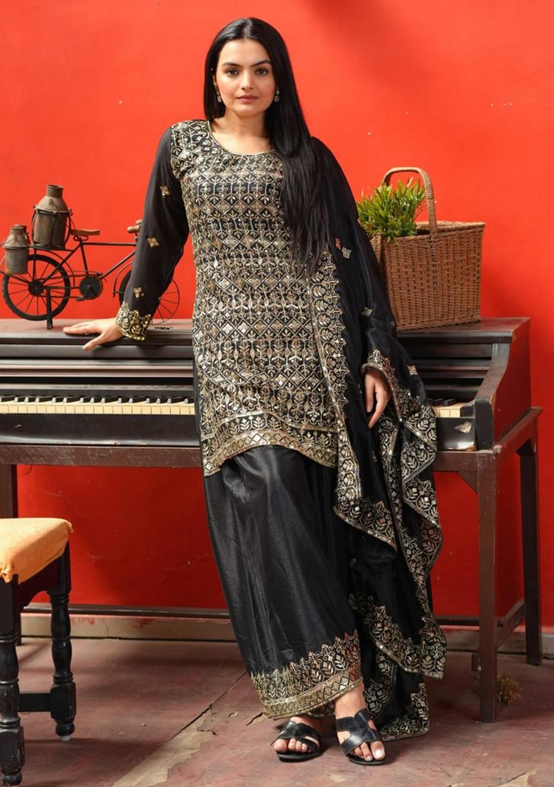 Black Chinnon Sequin Embroidered Salwar Kameez With Dupptta