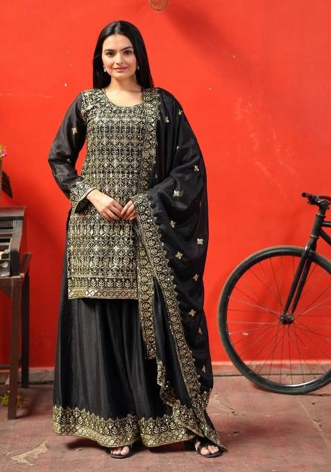 Black Chinnon Sequin Embroidered Salwar Kameez With Dupptta