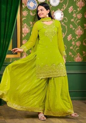 Olive Green Georgette Sequin Embroidered Salwar Kameez With Dupptta