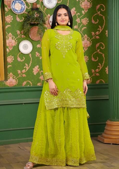 Olive Green Georgette Sequin Embroidered Salwar Kameez With Dupptta