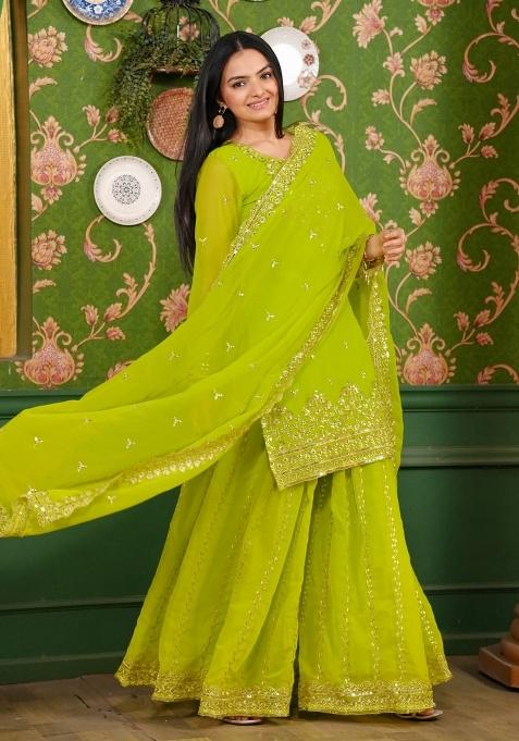 Olive Green Georgette Sequin Embroidered Salwar Kameez With Dupptta