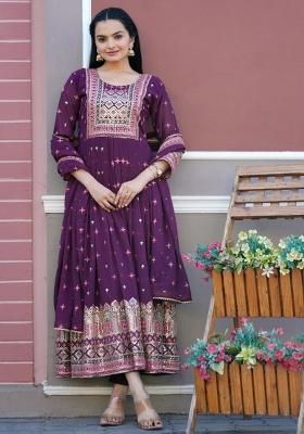 Wine Georgette Sequin Embroidered Salwar Kameez With Dupptta